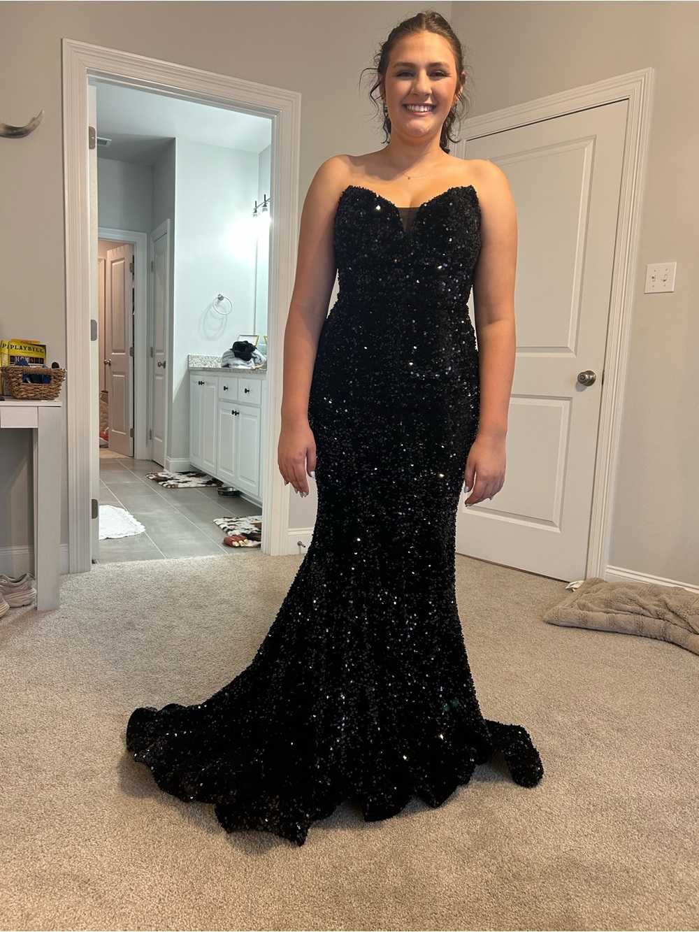 Portia and Scarlett Black Strapless Sequin Mermaid Gown